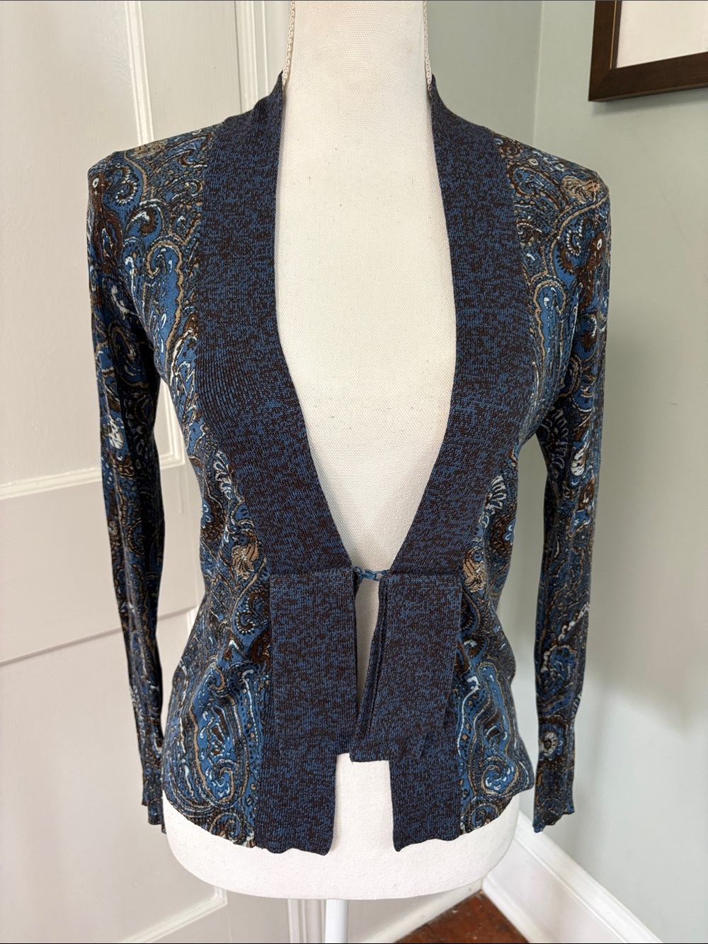 Magaschoni Blue Brown Paisley Cardigan Silk Cashmere Blend Size Small
